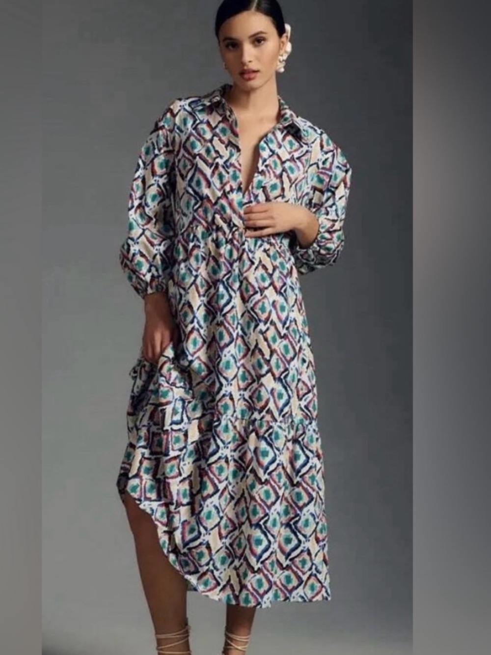 Viral Anthropologie Bettina Tiered Shirt dress. Geometric teal multicolored. Med
